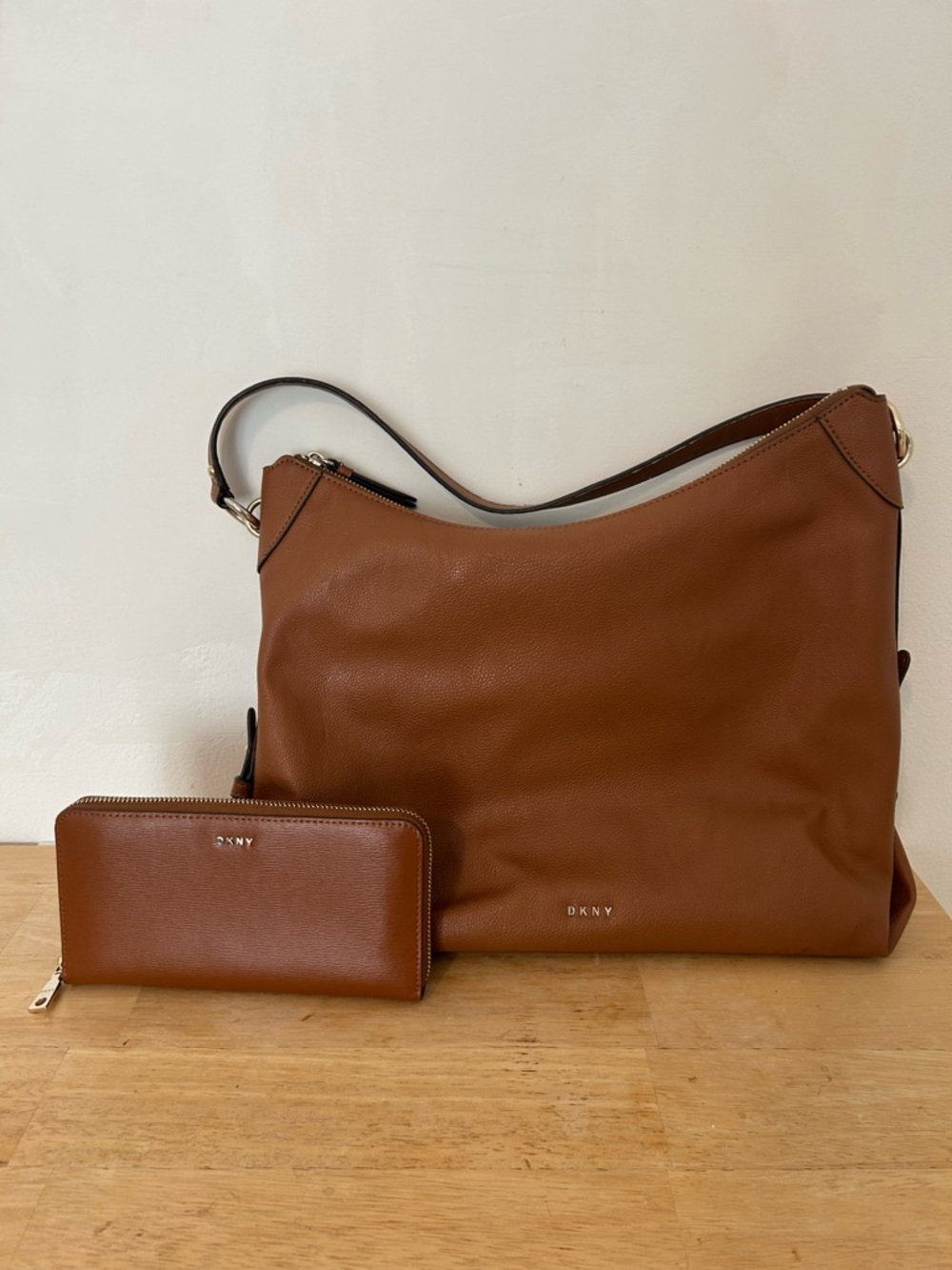 DKNY Cognac Brown Leather Shoulder Bag with Matching Wallet
